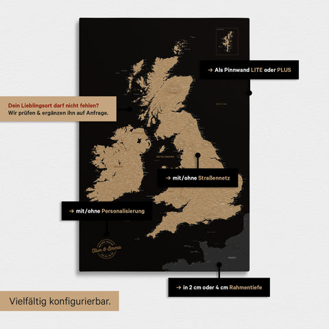 Versatile configuration options for an England & Great Britain map in Sonar Black (black and gold)