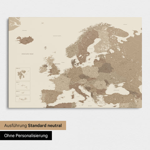 Neutral standard Version of the detailed Europe map as a pinboard canvas in multicolor brown without personalization