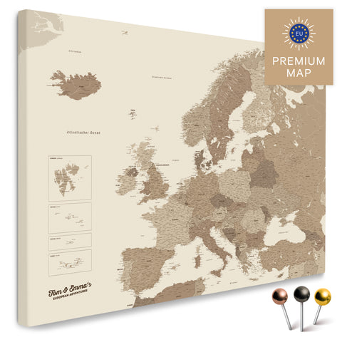 Europe map in the color multicolor brown in a modern, minimalist design as a canvas for pinning trips and places