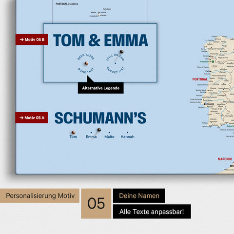 Europa-Karte in einem modernen Design in Multicolor Classic als Pinn-Leinwand mit Personalisierung als Logo mit einer Weltkugel