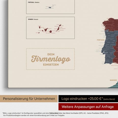 Europa Landkarte Pinnwand in Multicolor Vivid mit Eindruck eines Firmenlogos für Unternehmen