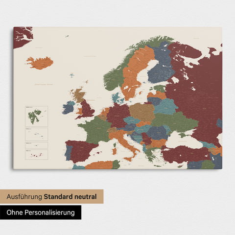 Neutrale Standard Ausführung der detaillierten Europakarte als Pinnwand Leinwand in Multicolor Vivid ohne Personalisierung