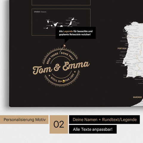 Europe map Push Pin Map in black and white with personalization as a round logo, which includes a legend for already visited travel destinations in circular text