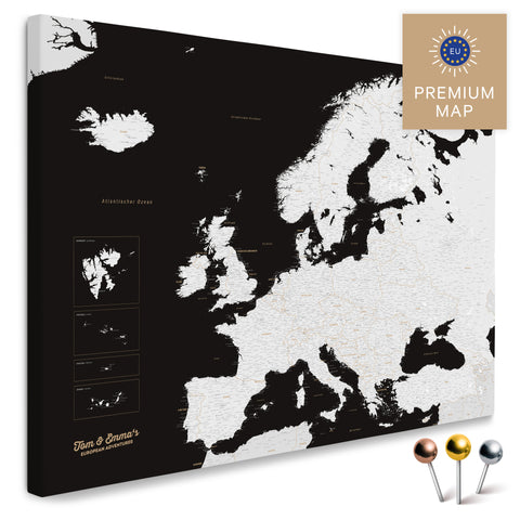 Europe map in black and white color in a modern, minimalist design as a canvas for pinning trips and places