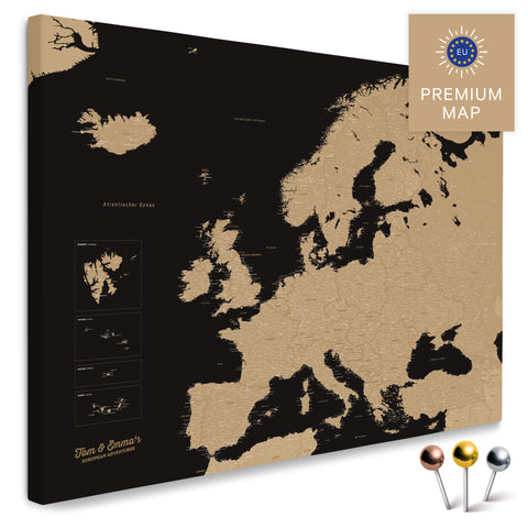 Europe map in the color Treasure Gold in a modern, minimalist design as a canvas for pinning trips and places