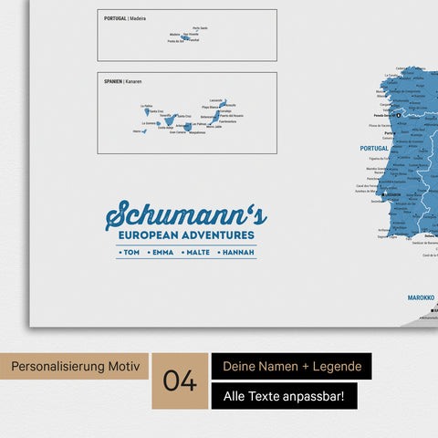 Europakarte als Poster in Blau mit Personalisierung als Logo mit Familiennamen und Legende für Orte, die man bereits besucht hat und noch besuchen möchte