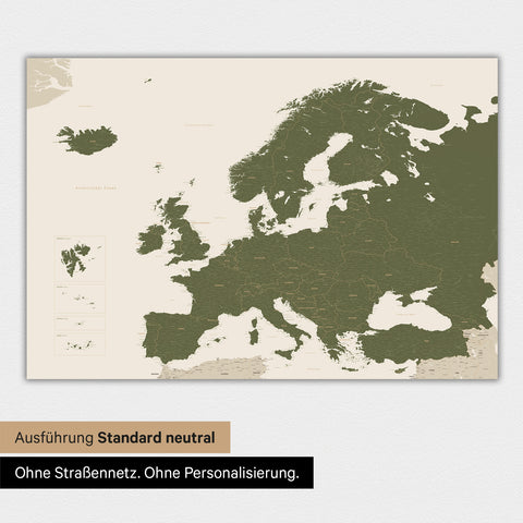 Neutrale Ausführung einer Landkarte von Europa als Poster in der Farbe Grün