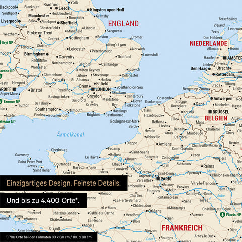 Europa Landkarte Poster in Multicolor Classic zeigt einen Ausschnitt von England, Frankreich und Belgien