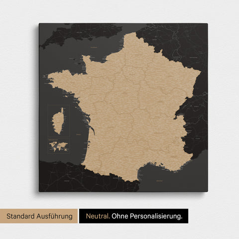 Neutrale Standard Ausführung der detaillierten Frankreich-Karte als Pinnwand Leinwand in Sonar Black ohne Personalisierung