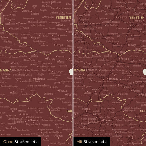 Mapa Włoch TRAVEL® Canvas z pinezkami – Bordeaux Rot