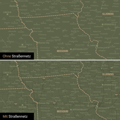 Kanada & USA Karte Pinn-Leinwand in Grün optional mit dem Straßennetz der größten Highways und Interstates