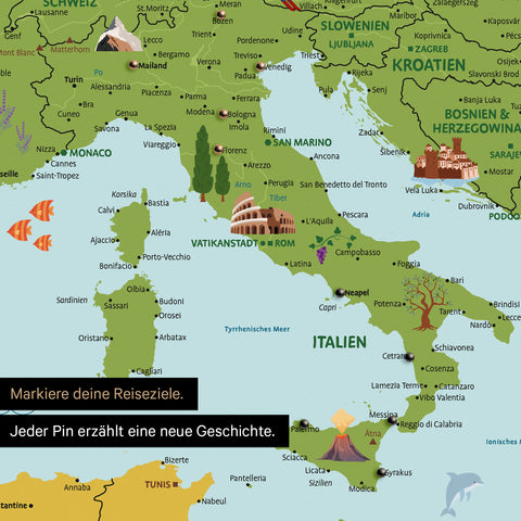 Ausschnitt einer Kinder-Europakarte als Pinn-Leinwand in Farbe Classic zeigt Pins von Reisezielen in Italien mit Illustrationen von dem Kolosseum und der Toskana