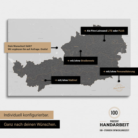 Konfigurationsmöglichkeiten einer Österreich-Landkarte mit Südtirol als Pinn-Leinwand in Light Gray