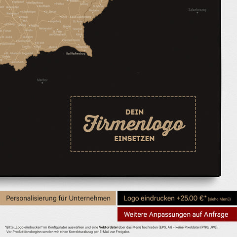 Österreich-Karte als Pinn-Leinwand in Sonar Black (Schwarz Gold) mit Eindruck eines Firmenlogos