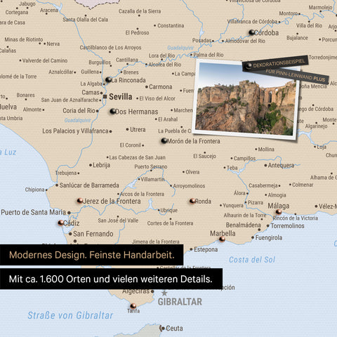 Political Spain & Portugal map on canvas for pinning shows a section of the Sunny Coast with many details such as national parks, rivers, and numerous small villages and towns marked with pins