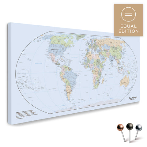 Politische Weltkarte in der Equal-Earth-Projektion und in der Farbe Multicolor Atlas als hochwertige Pinn-Leinwand, ideal geeignet zum Markieren von Orten und Planen von Reisen
