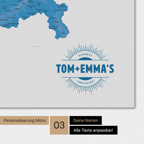 Schweiz-Karte Magnetboard in der Farbe Blau mit Personalisierung als Logo im Vintage-Look