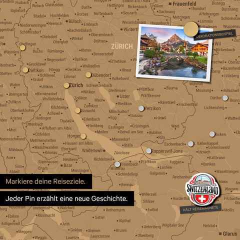Magnetische Schweiz-Karte Leinwand in Warmgray (Braun-Grau) wahlweise mit oder ohne Straßennetz
