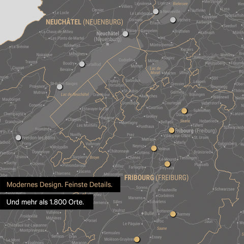 Ausschnitte einer Schweizkarte in der Region Freiburg und Thunersee in Light Gray mit 1.400 Orten