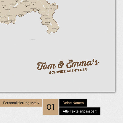 Magnetische Schweiz-Karte als Magnetboard in Multicolor Beige mit Personalisierung und eigedruckten Namen