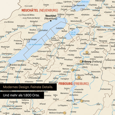 Ausschnitte einer Schweizkarte in der Region Freiburg und Thunersee in Multicolor Classic mit 1.400 Orten