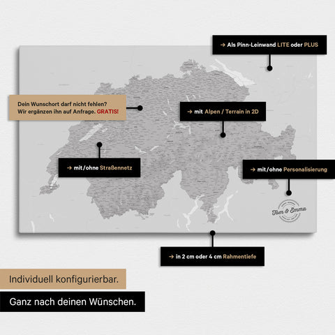 Vielfältige Konfigurationsmöglichkeiten einer Schweiz-Karte in Hellgrau
