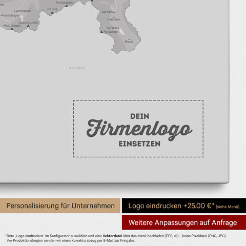 Schweiz-Karte als Pinn-Leinwand in Hellgrau mit Eindruck eines Firmenlogos