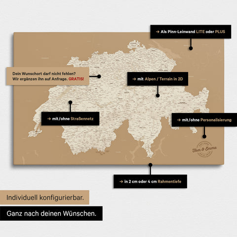 Vielfältige Konfigurationsmöglichkeiten einer Schweiz-Karte in Gold-Beige