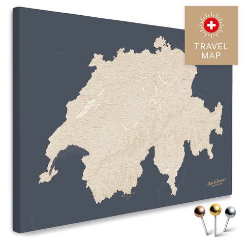 Schweiz-Landkarte in Hale Navy (Dunkelblau-Gold) als Pinnwand Leinwand zum Pinnen und Markieren von Reisezielen kaufen