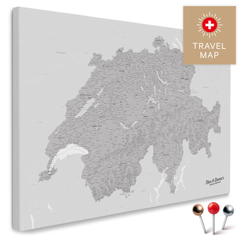 Schweiz-Landkarte in Hellgrau als Pinnwand Leinwand zum Pinnen und Markieren von Reisezielen kaufen