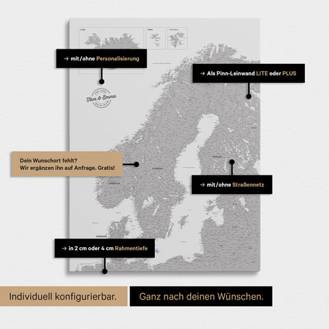 Konfigurationsmöglichkeiten einer Skandinavien-Landkarte als Pinn-Leinwand in Hellgrau