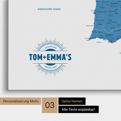 Mapa Hiszpanii i Portugalii TRAVEL® Canvas z pinezkami – Ocean Blue
