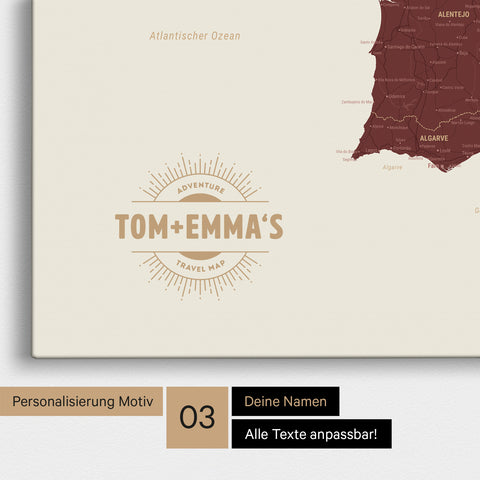 Mapa Hiszpanii i Portugalii TRAVEL® Canvas z pinezkami – Bordeaux Rot