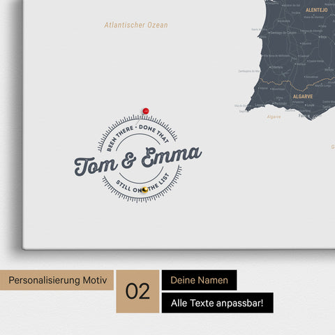 Spanien- & Portugal-Karte Pinn-Leinwand in Denim Blue mit Personalisierung als rundes Logo, das eine Legende für bereits besuchte Reiseziele im Rundtext beinhaltet