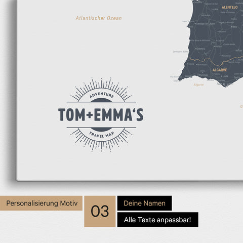 Mapa Hiszpanii i Portugalii TRAVEL® Canvas z pinezkami – Denim Blue