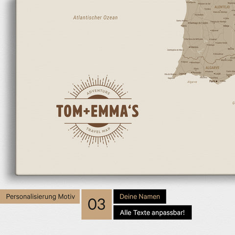 Mapa Hiszpanii i Portugalii TRAVEL® Canvas z pinezkami – Desert Sand