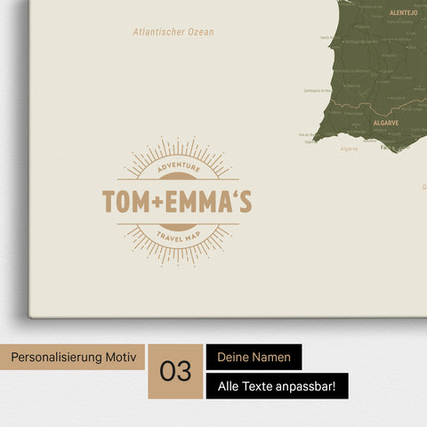 Mapa Hiszpanii i Portugalii TRAVEL® Canvas z pinezkami – Olive Green
