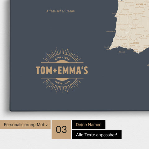 Mapa Hiszpanii i Portugalii TRAVEL® Canvas z pinezkami – Hale Navy