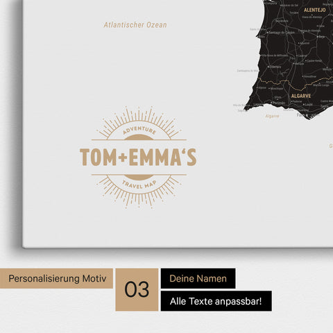 Mapa Hiszpanii i Portugalii TRAVEL® Canvas z pinezkami – Light Black