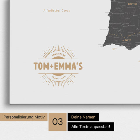 Mapa Hiszpanii i Portugalii TRAVEL® Canvas z pinezkami – Light Gray