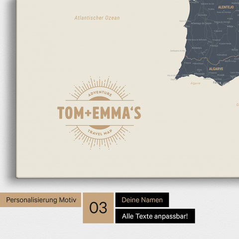 Mapa Hiszpanii i Portugalii TRAVEL® Canvas z pinezkami – Navy Light