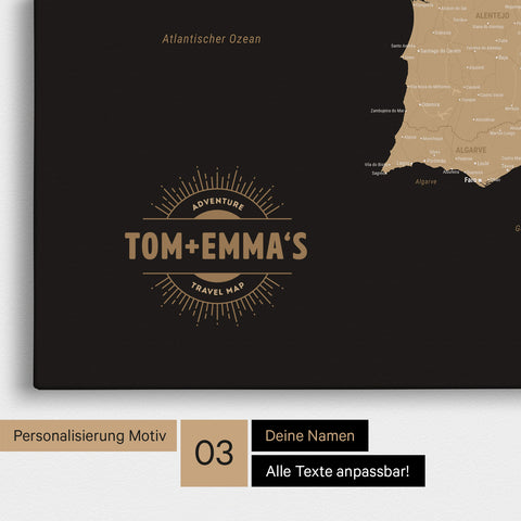 Mapa Hiszpanii i Portugalii TRAVEL® Canvas z pinezkami – Sonar Black