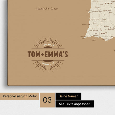 Mapa Hiszpanii i Portugalii TRAVEL® Canvas z pinezkami – Treasure Gold