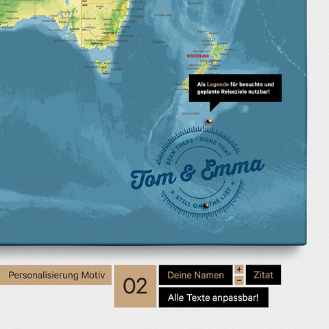Personalized topographic world map as a pinboard canvas in multicolor topo with printed names and a legend for marking visited places