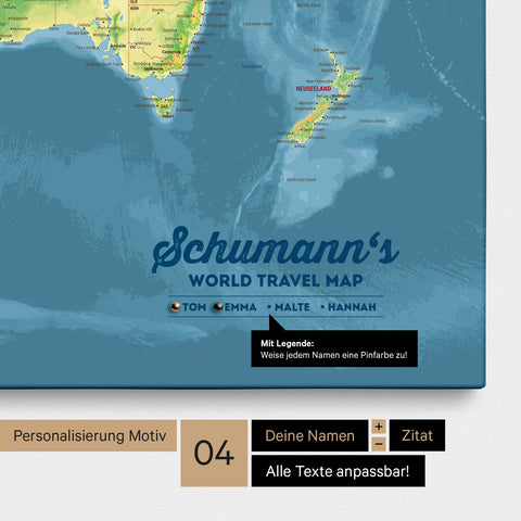 Pinboard canvas of a topographic world map in multicolor topo with personalization as a logo with family name and legend