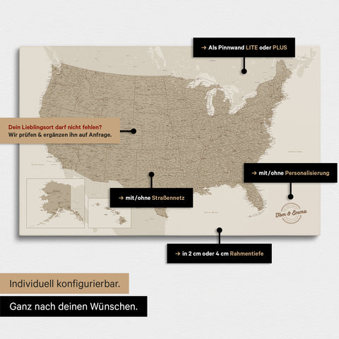 Vielfältige Konfigurationsmöglichkeiten einer USA Amerika Landkarte als Pinn-Leinwand in Farbe Beige