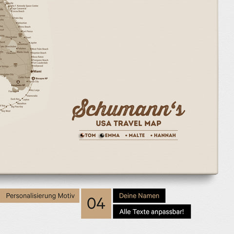 Detaillierte USA Amerika Karte als Pinn-Leinwand in Beige mit Personalisierung als Logo für die gesamte Familie