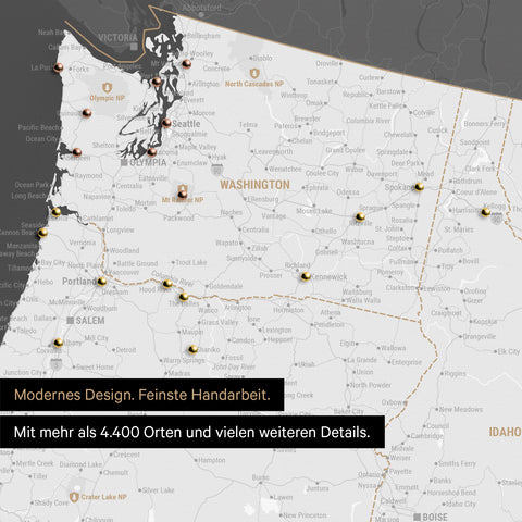 Ausschnitt einer USA Amerika Karte als Pinn-Leinwand in Dunkelgrau zeigt Reiseziele und Highlights in Washington, Oregon und Idaho