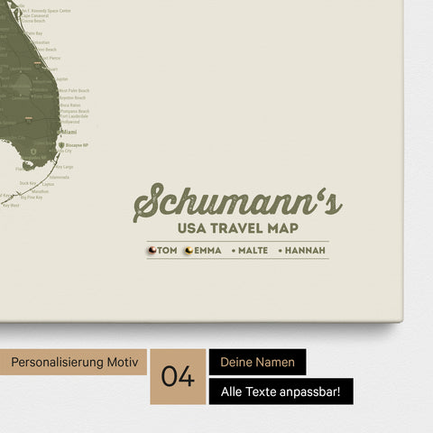 Detaillierte USA Amerika Karte als Pinn-Leinwand in Olive Green mit Personalisierung als Logo für die gesamte Familie