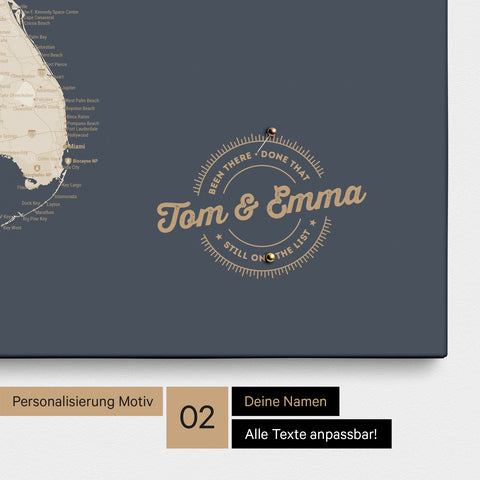 Personalisierte USA Amerika Karte als Leinwand in Hale Navy (Dunkelblau Gold) mit eingedruckten Namen und einer Legende zur Markierung von besuchten Orten